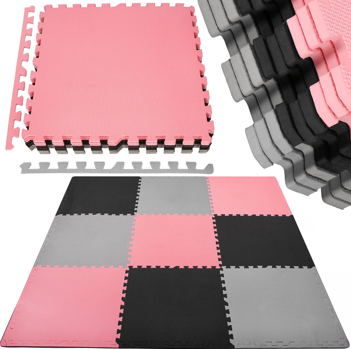 Springos Speelmat | Speelmat Foam | Puzzelmat | 9 puzzelstukken | 179 X 179 CM | Roze/Grijs/Zwart